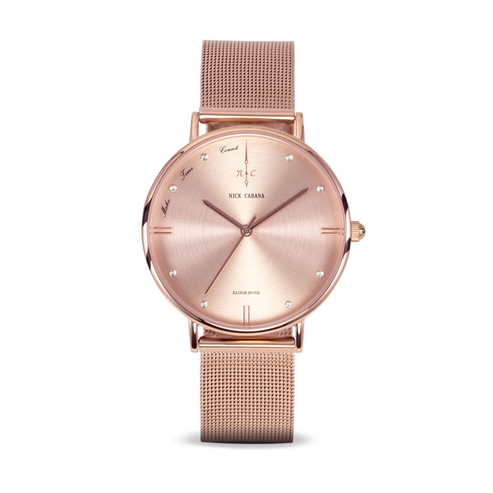 Nick Cabana Elixir Rose womens watch in rose gold with swaroski crystals and mesh watchband