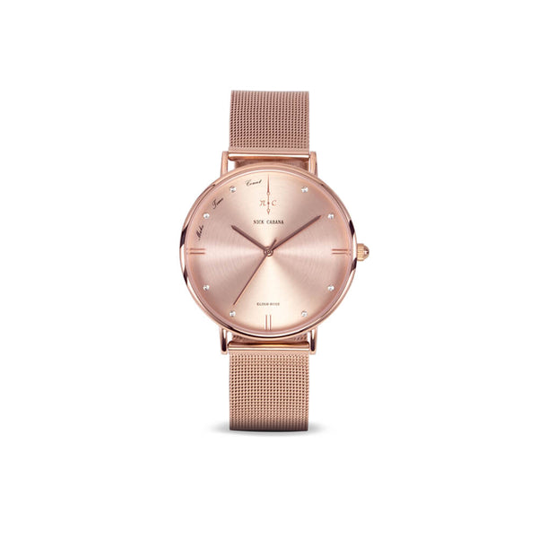 Nick Cabana Elixir Petite Rose womens watch in rose gold with swaroski crystals and mesh watchband